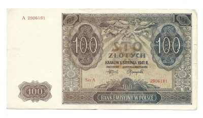 Banknot – 100 (STO) ZŁOTYCH, 1941 r. – Bank Emisyjny w Polsce
