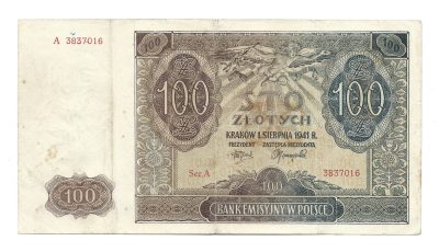 Banknot – 100 (sto) ZŁOTYCH, 1941 r. – Bank Emisyjny w Polsce