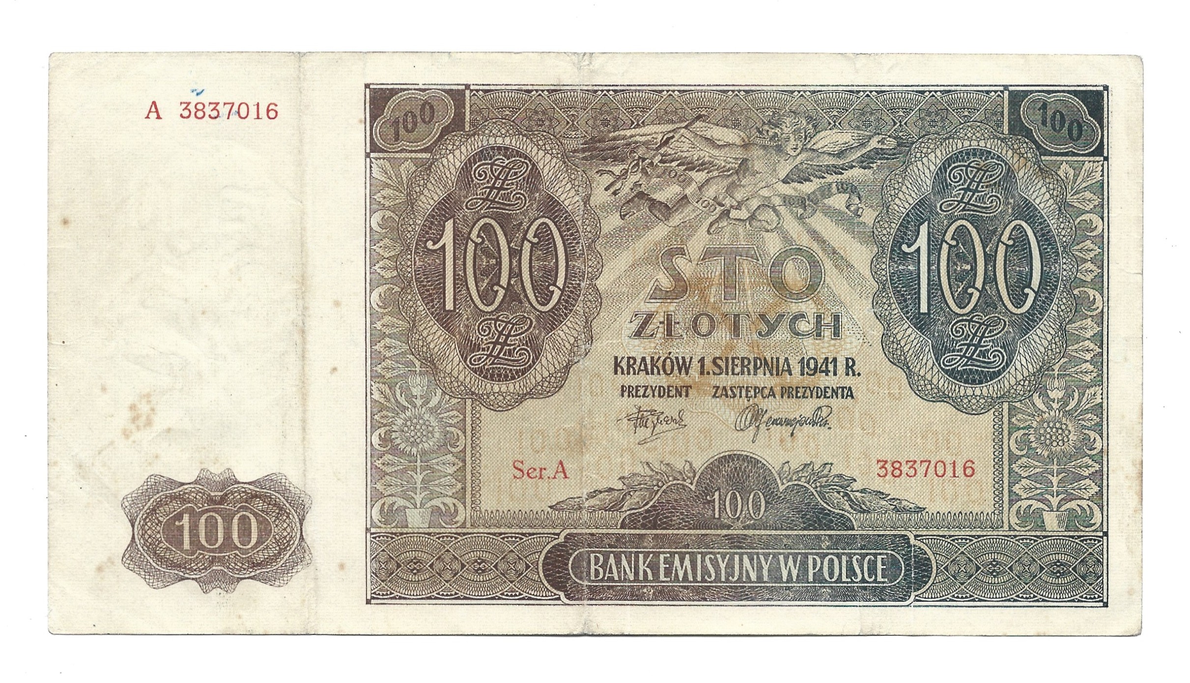 Banknot – 100 (sto) ZŁOTYCH, 1941 r. – Bank Emisyjny w Polsce