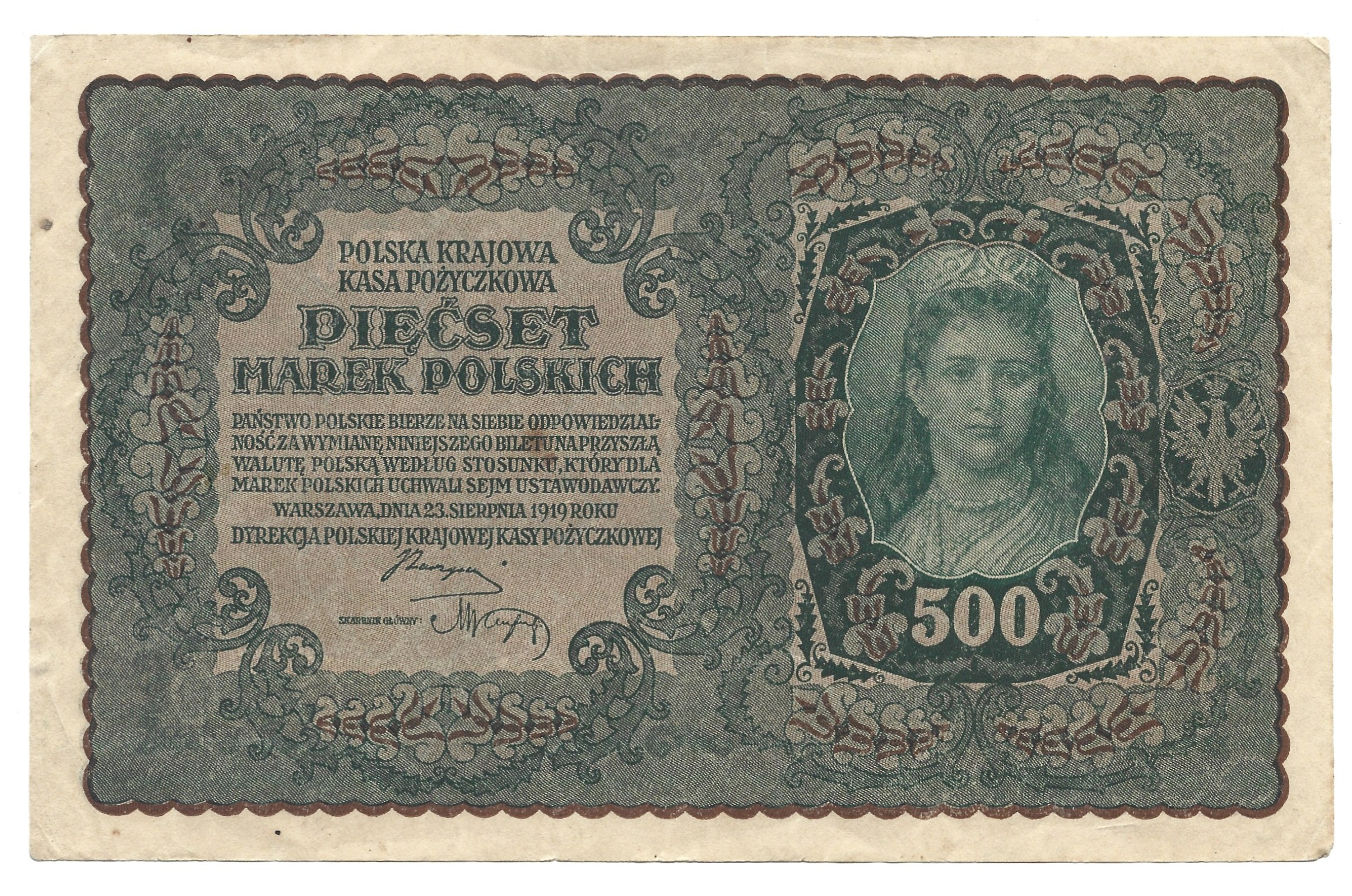 Banknot – 500 MAREK POLSKICH, 1919 r. – Polska Krajowa Kasa Pożyczkowa