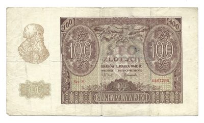 Banknot – 100 ZŁ (sto złotych), 1940 r. – Bank Emisyjny w Polsce