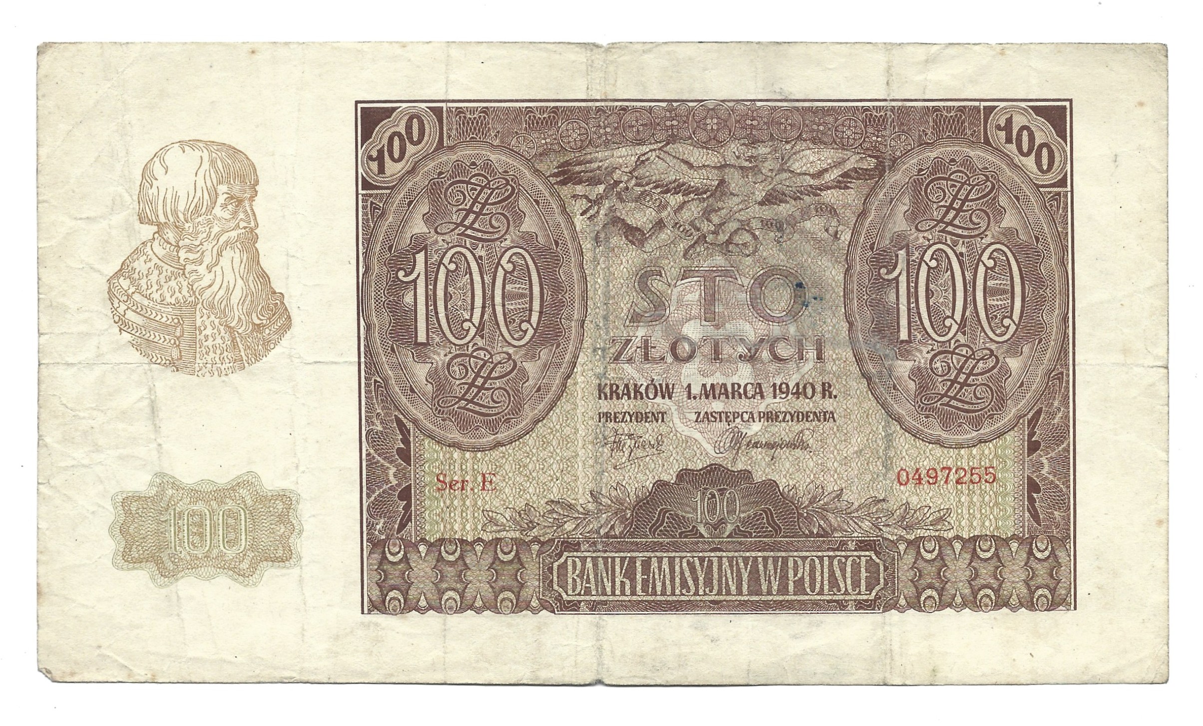 Banknot – 100 ZŁ (sto złotych), 1940 r. – Bank Emisyjny w Polsce