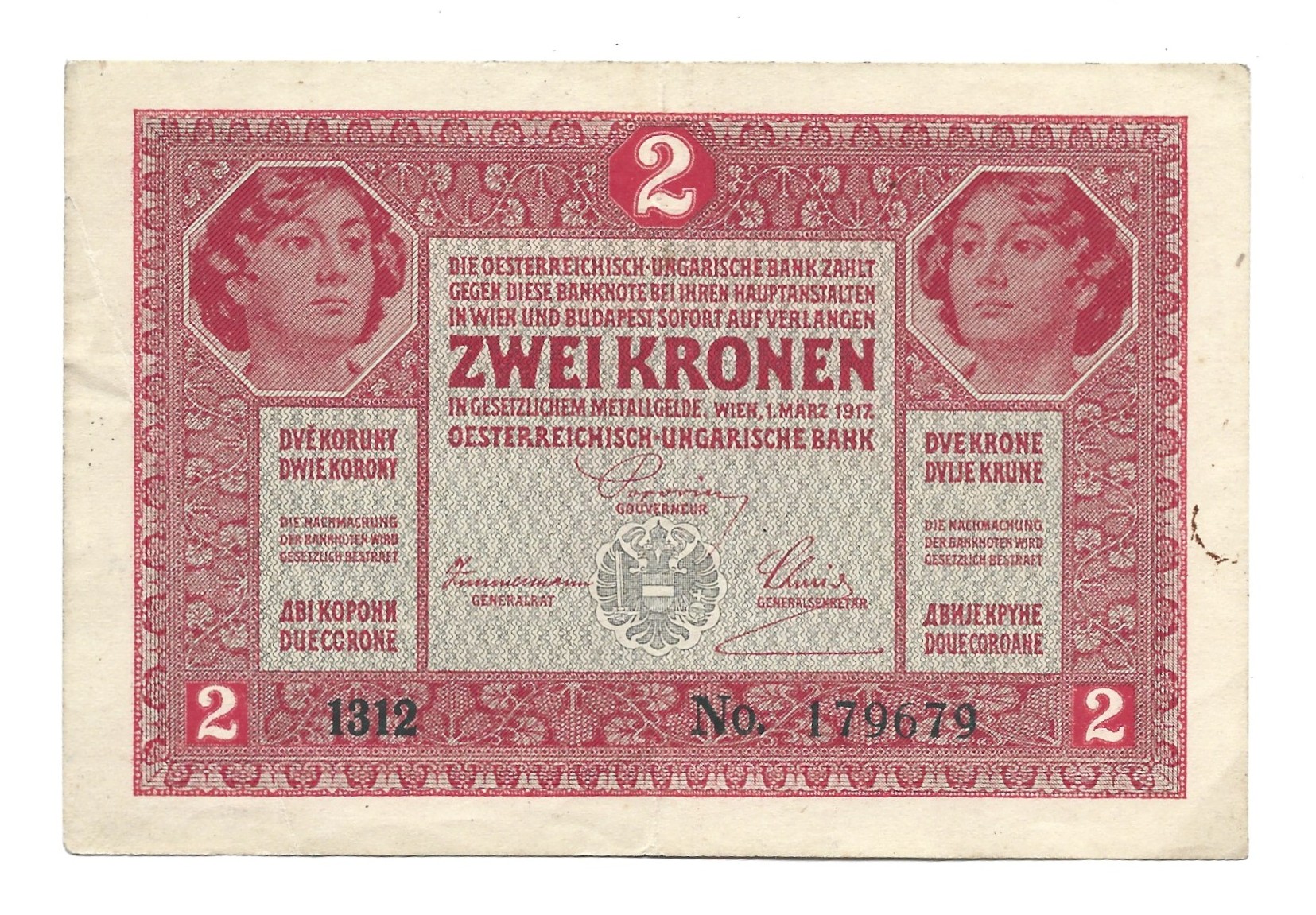 Banknot - 2 KORONY - KET KORONA - ZWEI KRONEN -  Bank Austriacko-Węgierski, 1917 r.