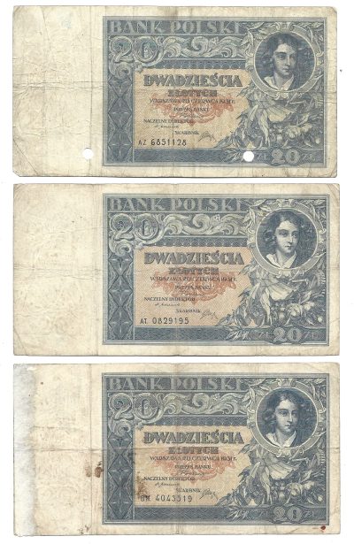Zestaw banknotów (3 sztuki) - 20 złotych, 1931 r.