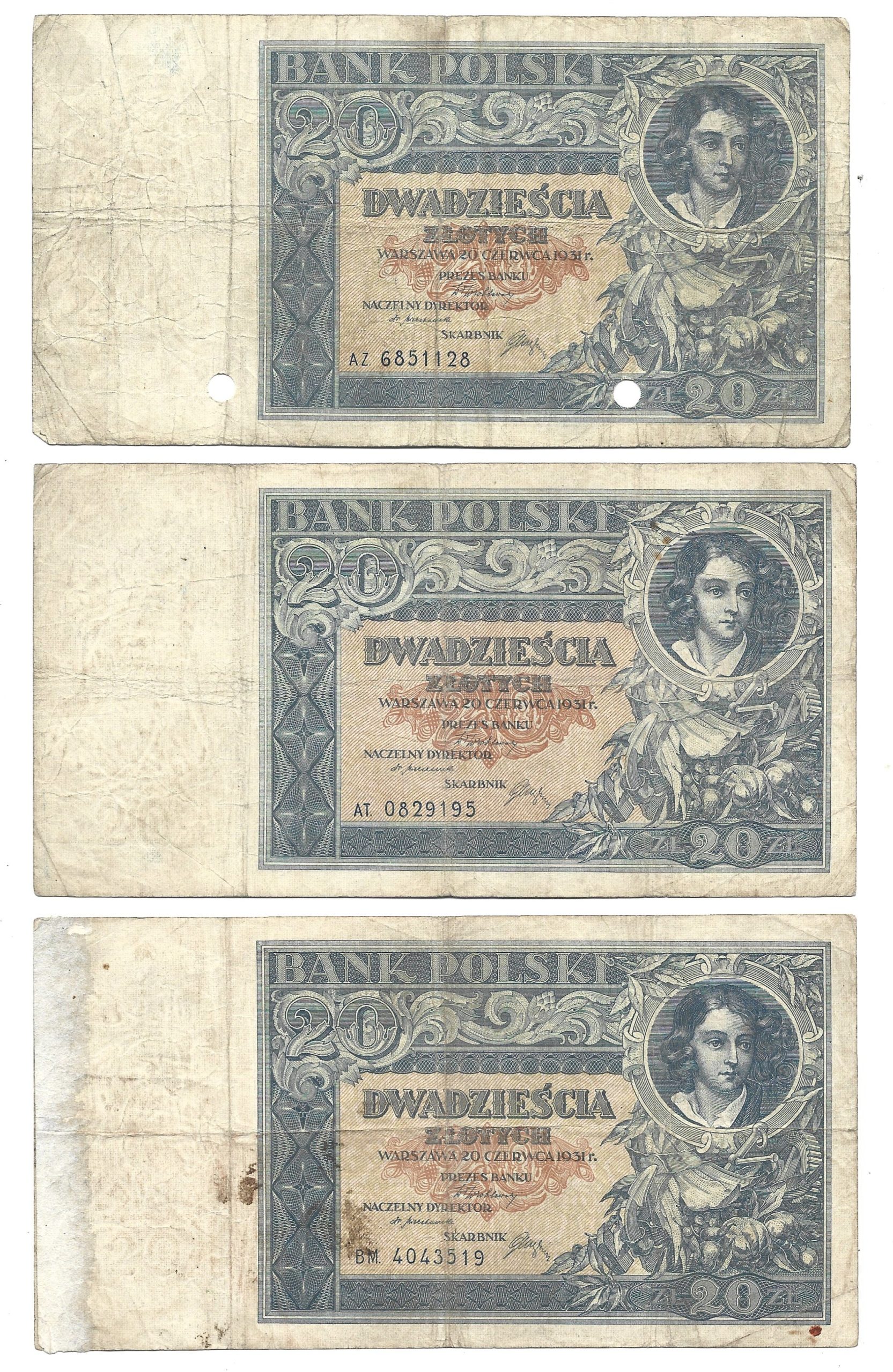 Zestaw banknotów (3 sztuki) - 20 złotych, 1931 r.
