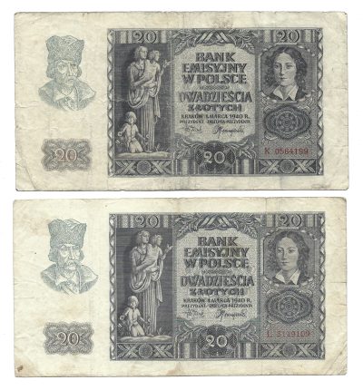 Zestaw banknotów (2 szt.) - 20 złotych, 1940 r.