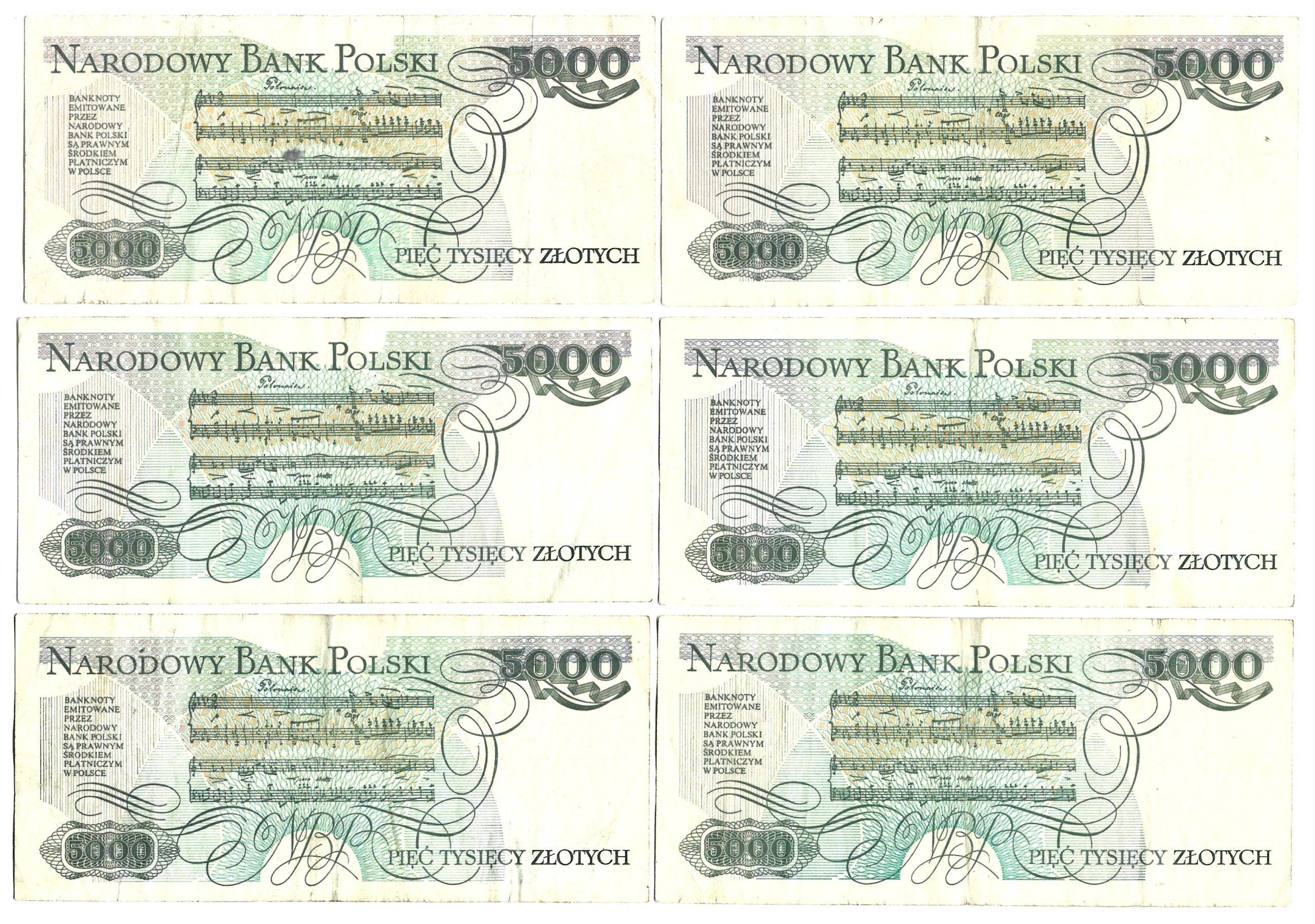 Zestaw banknotów PRL, 6 sztuk – 5 000 (pięć tysięcy złotych) / Fryderyk Chopin