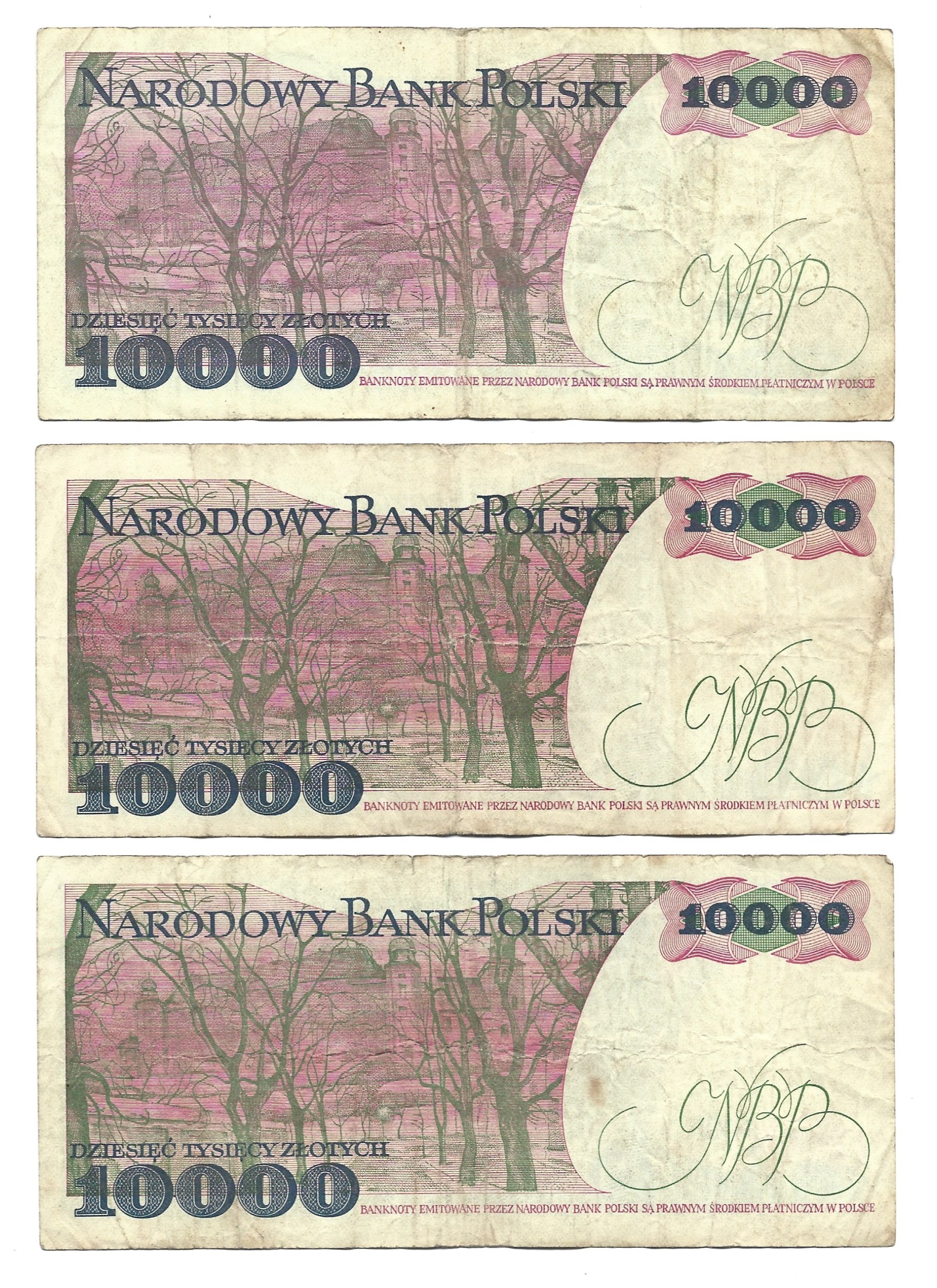 Zestaw banknotów PRL (3 szt.) – 10 000 zł (DZIESIĘĆ TYSIĘCY ZŁOTYCH) / Stanisław Wyspiański – 1988 r.