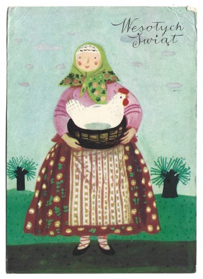 Pocztówka wielkanocna WESOŁYCH ŚWIĄT, Maria Mackiewicz, 1966 r.