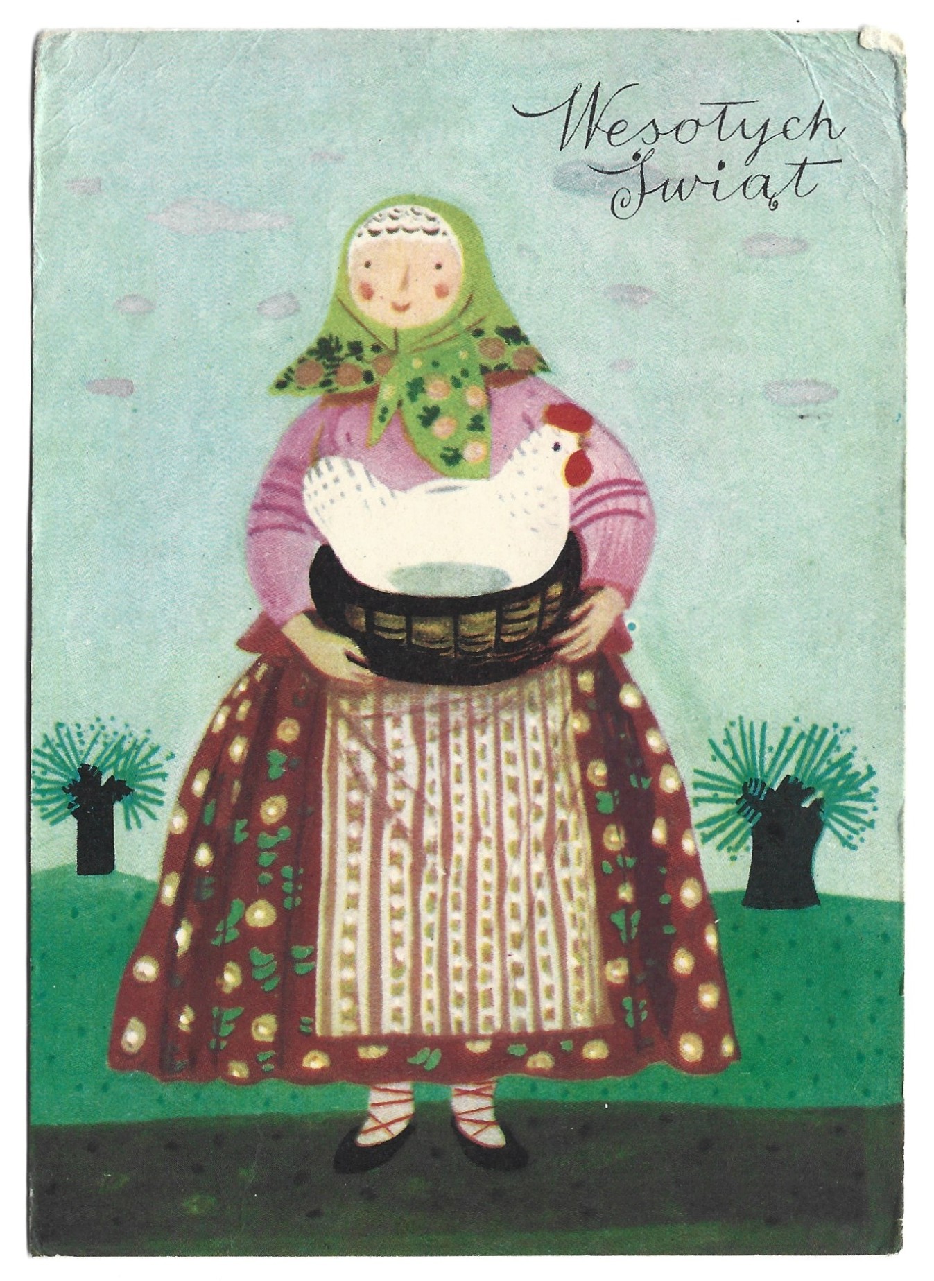 Pocztówka wielkanocna WESOŁYCH ŚWIĄT, Maria Mackiewicz, 1966 r.