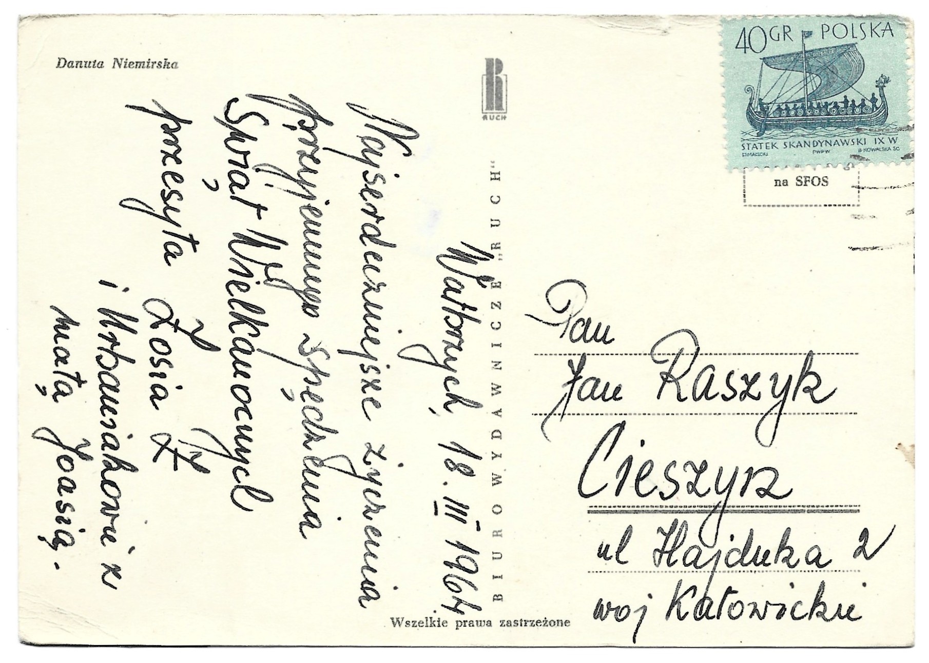Pocztówka wielkanocna WESOŁYCH ŚWIĄT – Danuta Niemirska, 1964 r.
