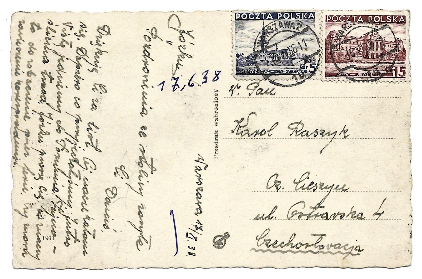 Pocztówka - WARSZAWA. Łazienki w nocy, 1938 r.