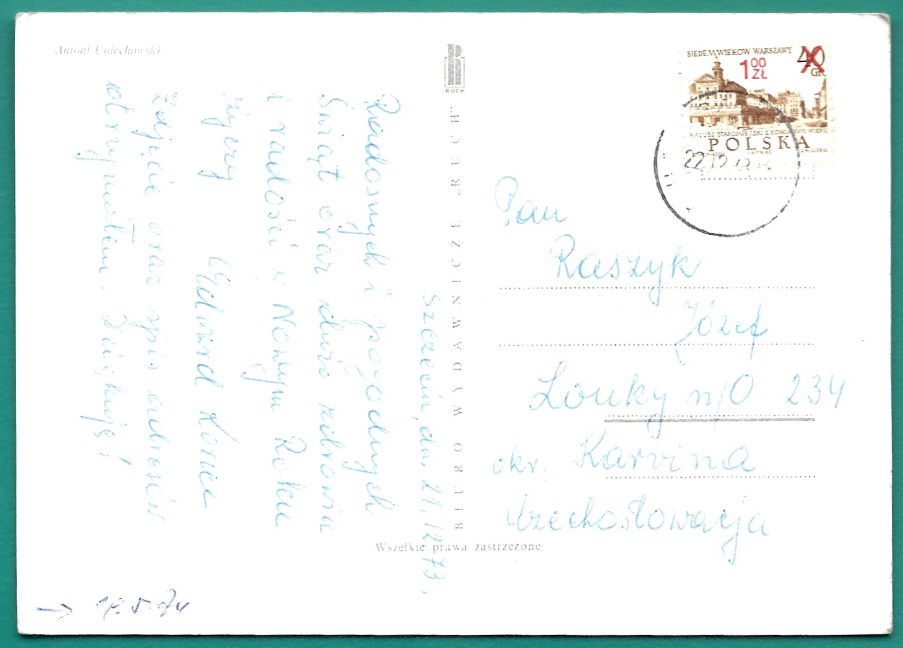 Pocztówka - Szczęśliwego Nowego Roku - Antoni Uniechowski, 1973 r.