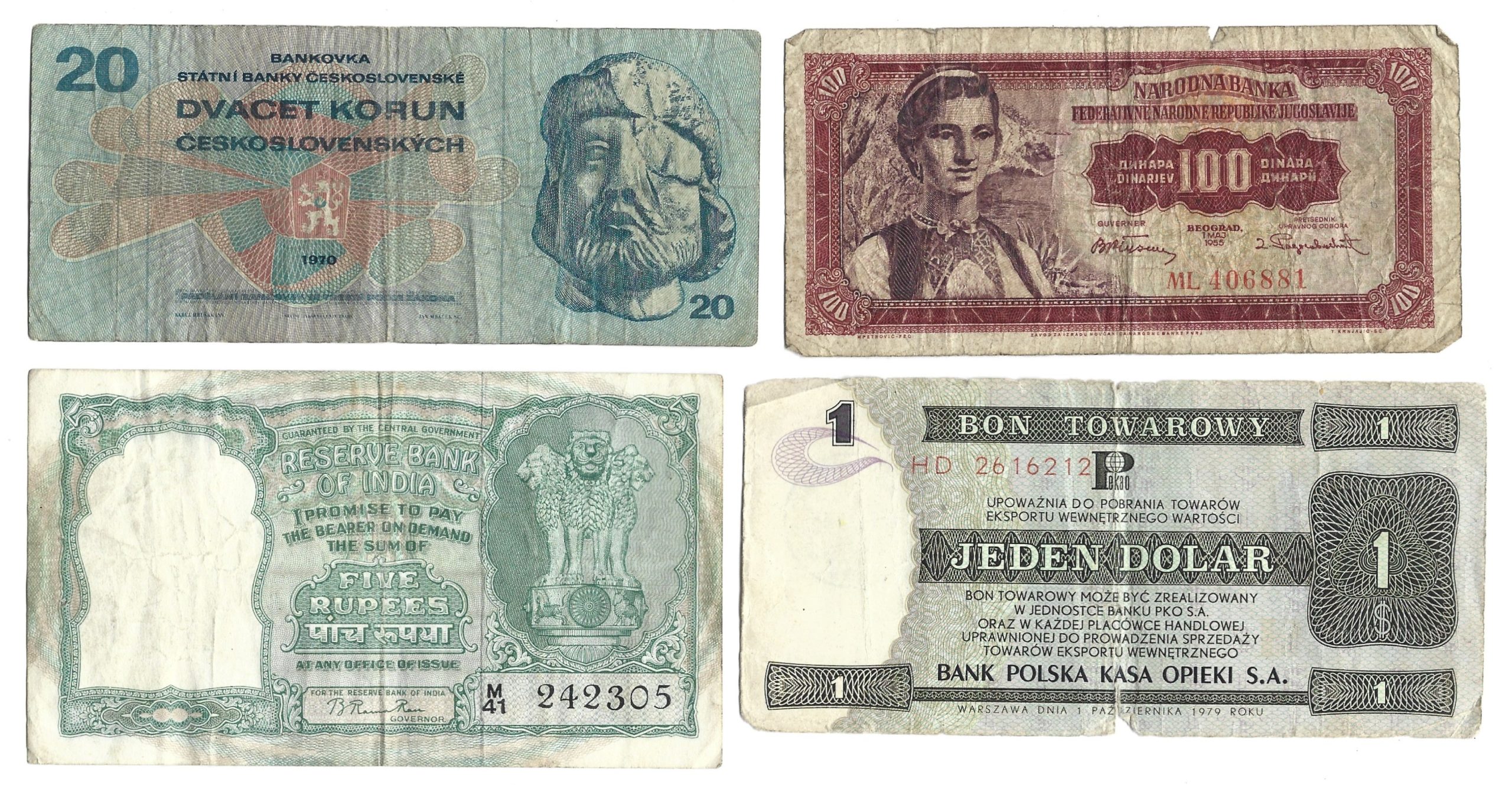 Zestaw różnych banknotów - 34 sztuki