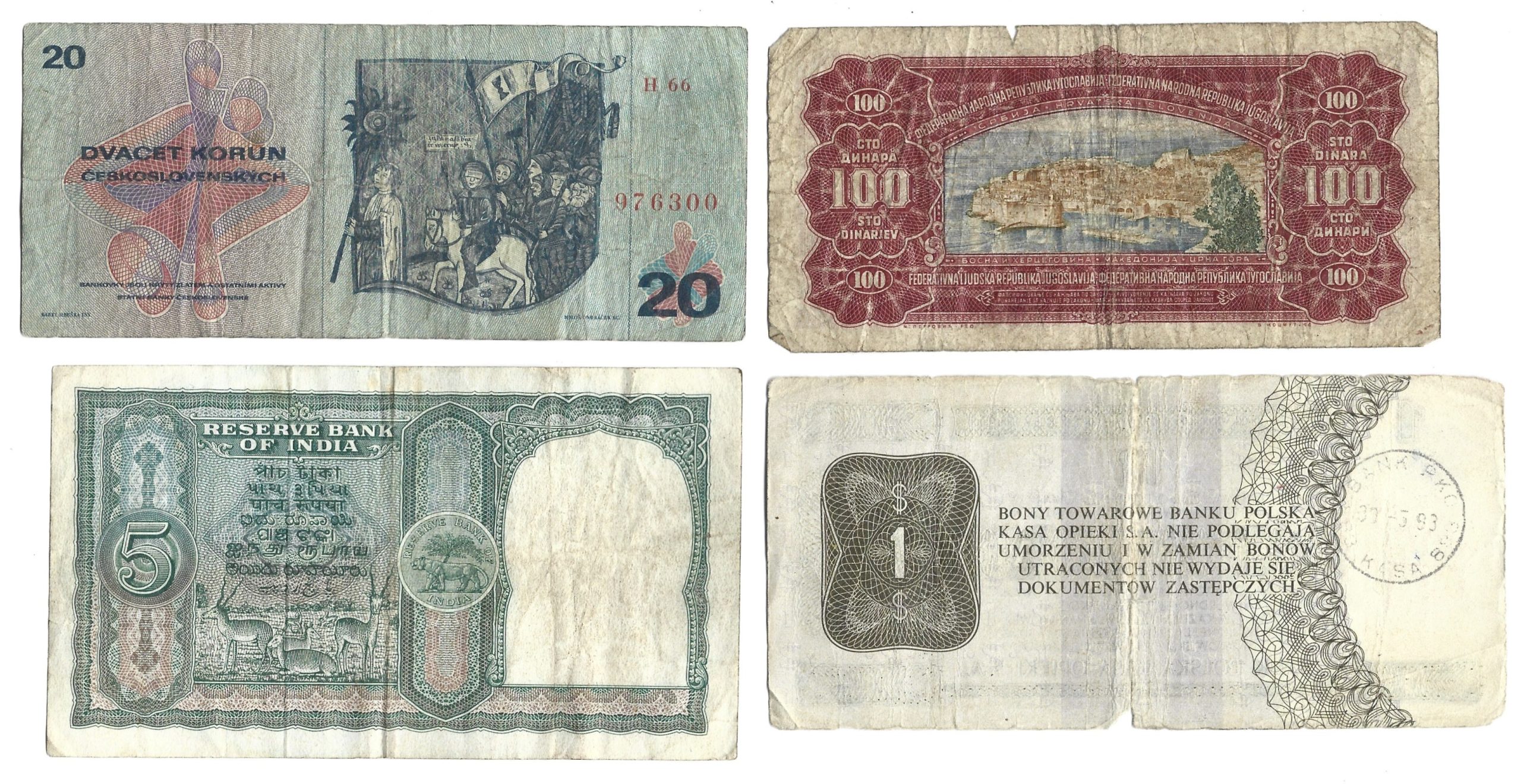 Zestaw różnych banknotów - 34 sztuki