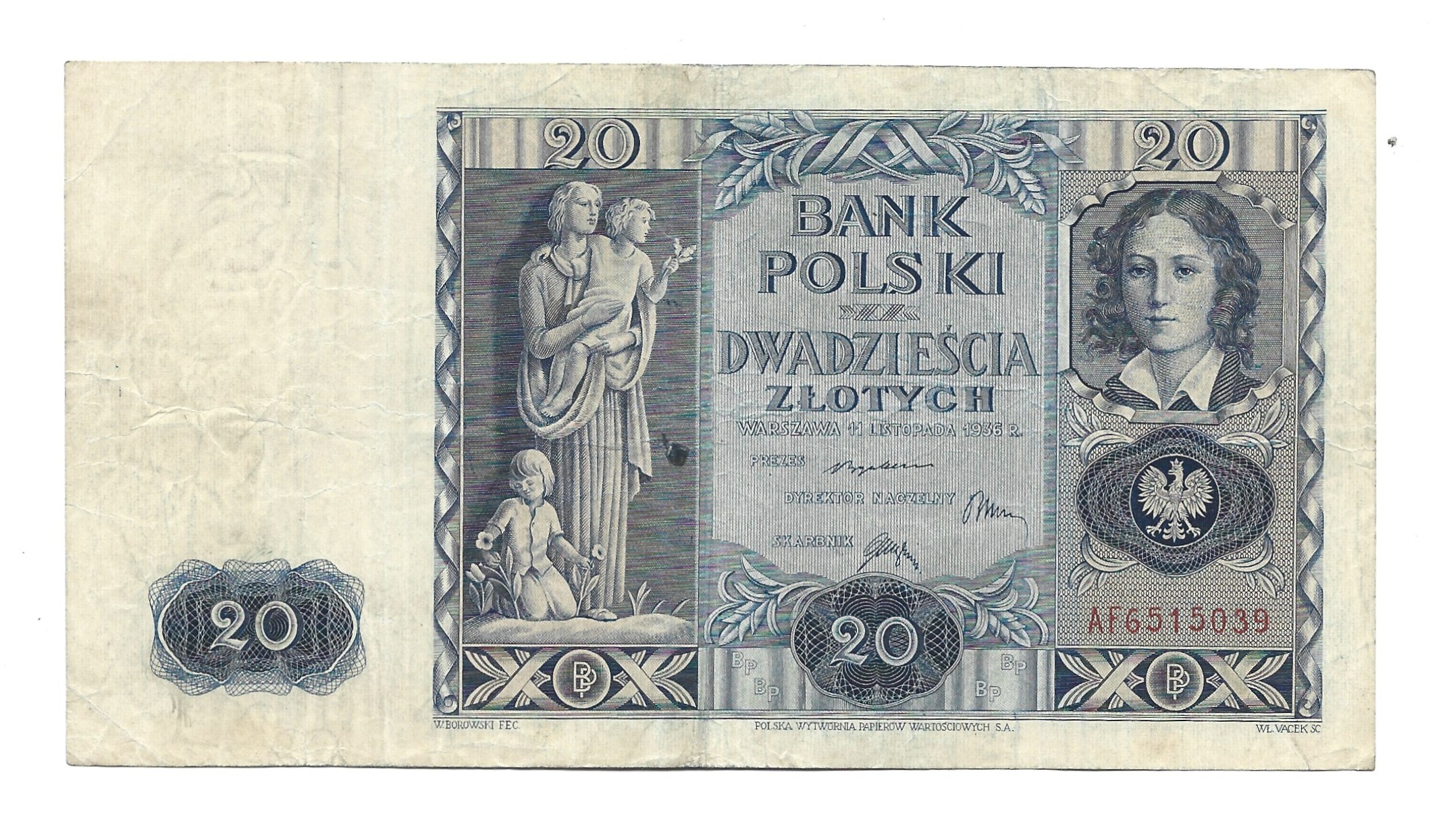 Banknot – 20 ZŁOTYCH, 1936 r. – Bank Polski