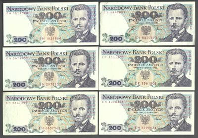 Zestaw banknotów (6 szt.) – 200 złotych / Jarosław Dąbrowski – 1986 r.