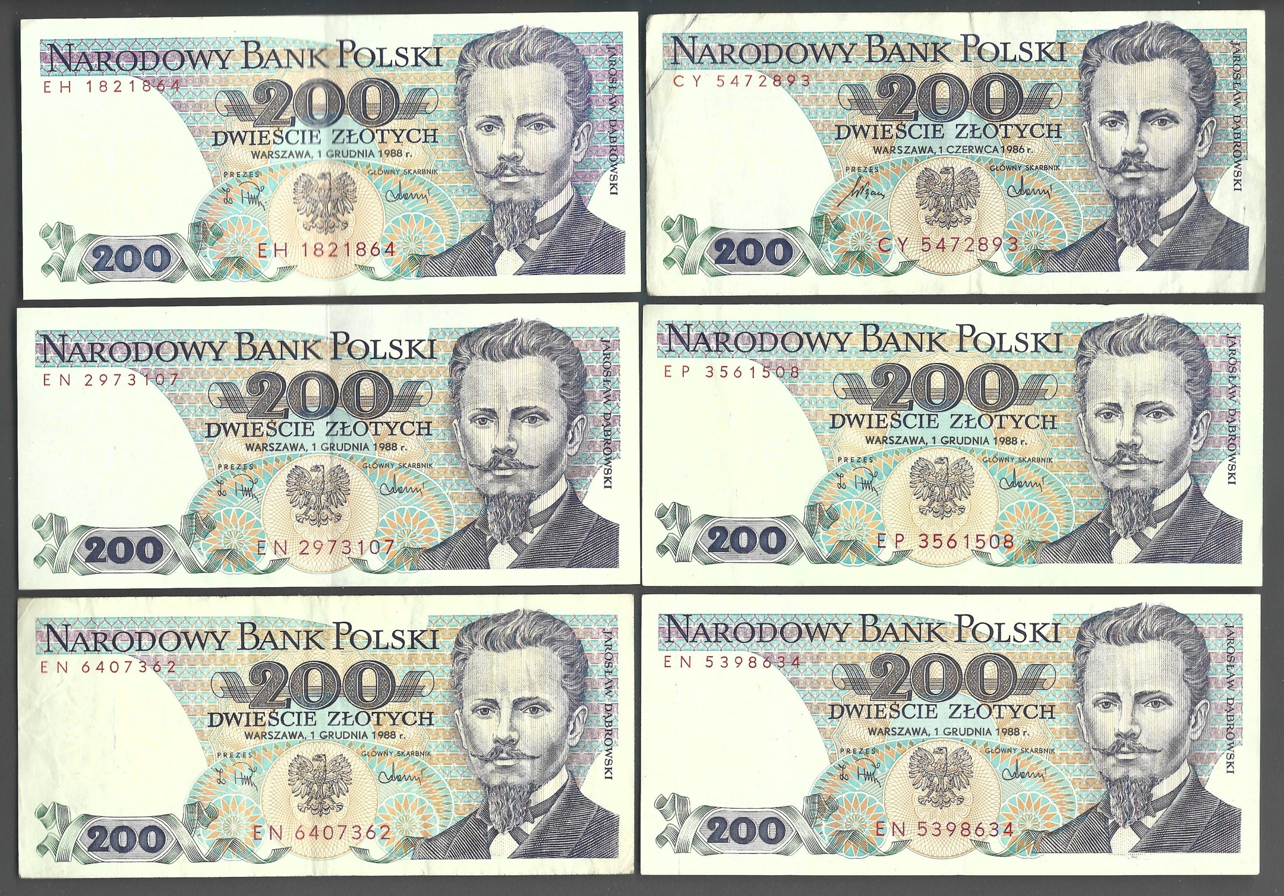 Zestaw banknotów (6 szt.) – 200 złotych / Jarosław Dąbrowski – 1986 r.