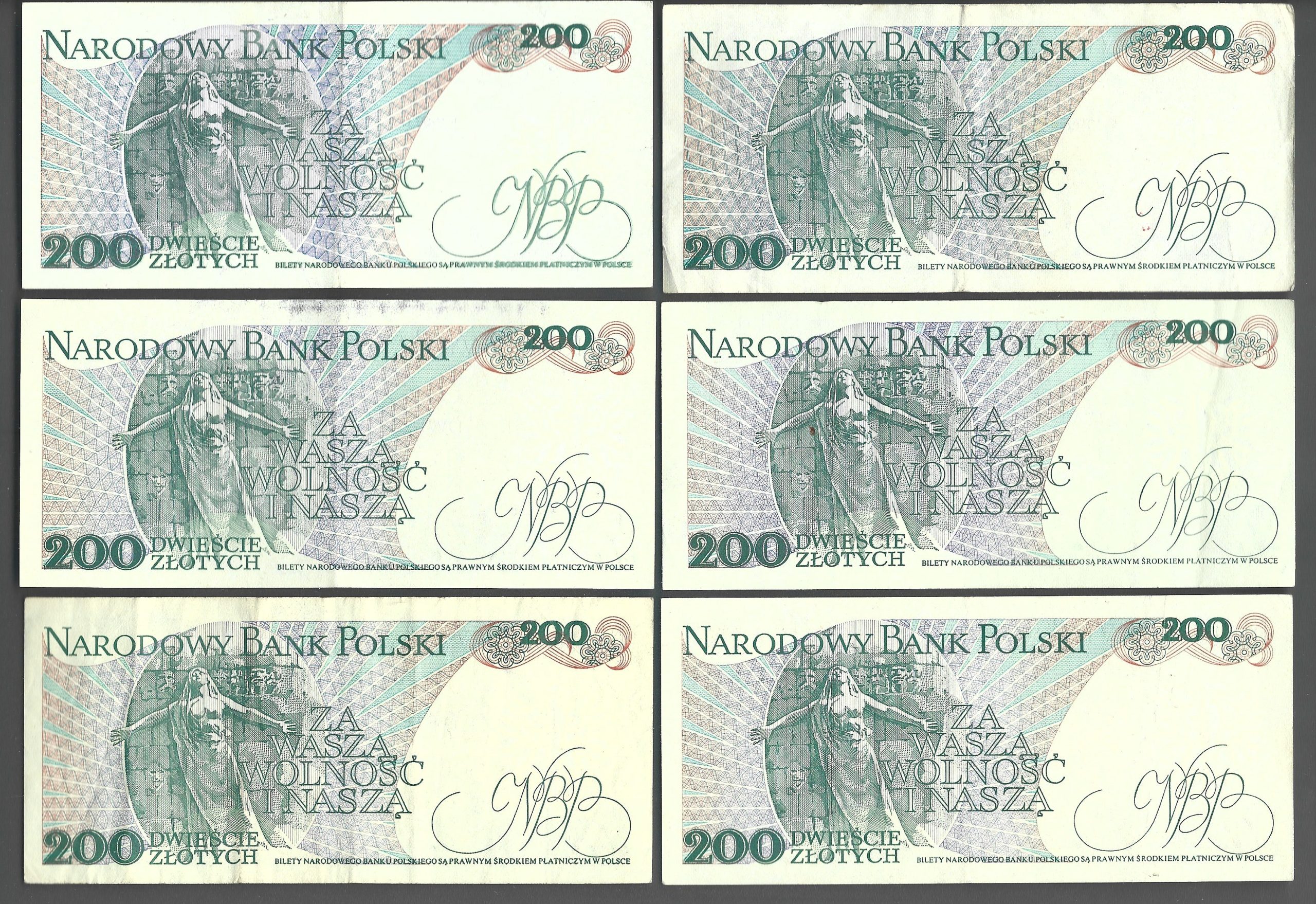 Zestaw banknotów (6 szt.) – 200 złotych / Jarosław Dąbrowski – 1986 r.