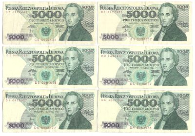 Zestaw banknotów PRL, 6 sztuk – 5 000 (pięć tysięcy złotych) / Fryderyk Chopin