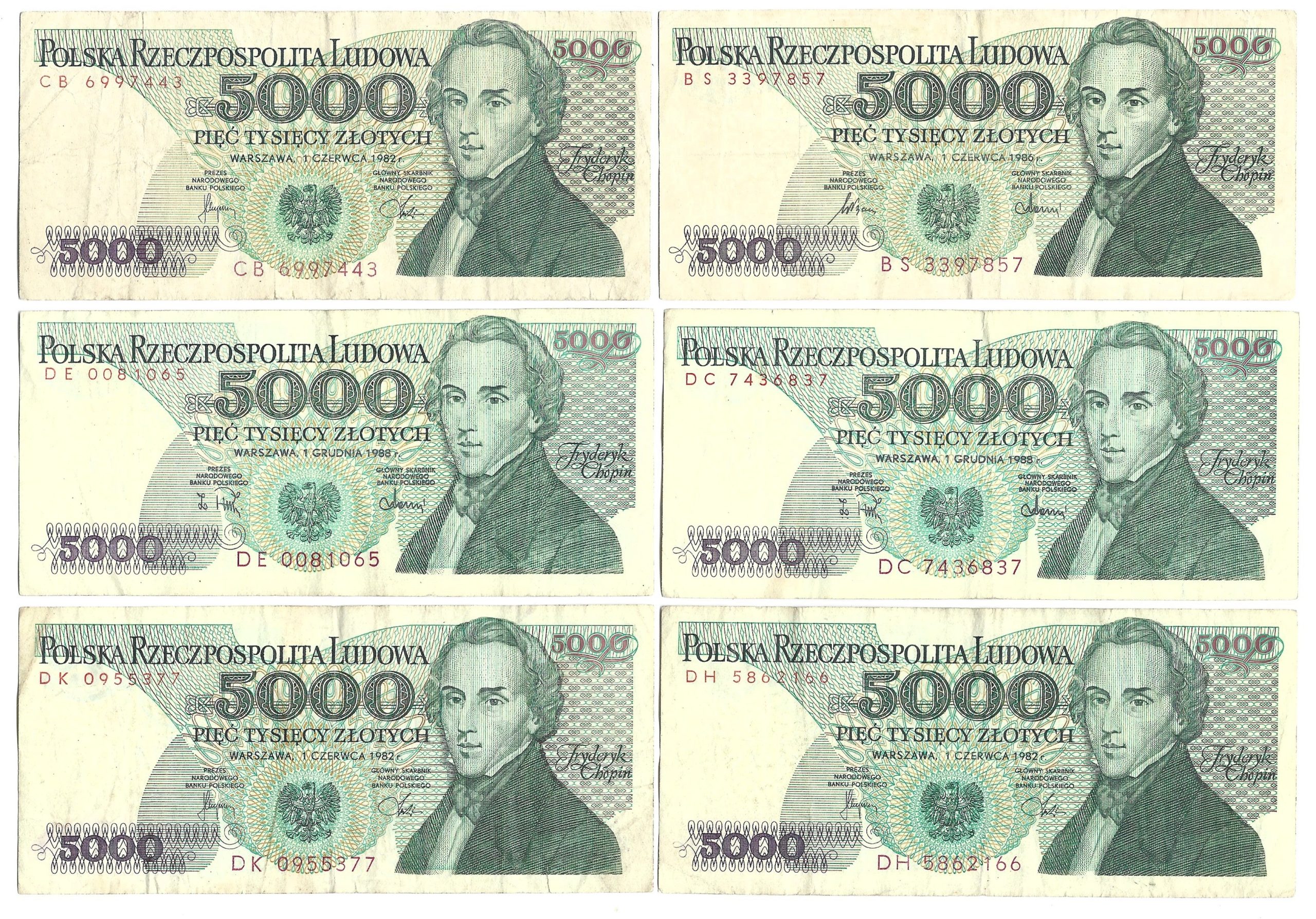 Zestaw banknotów PRL, 6 sztuk – 5 000 (pięć tysięcy złotych) / Fryderyk Chopin