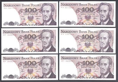 Zestaw banknotów polskich, 6 sztuk – 100 zł (sto złotych) / Ludwik Waryński