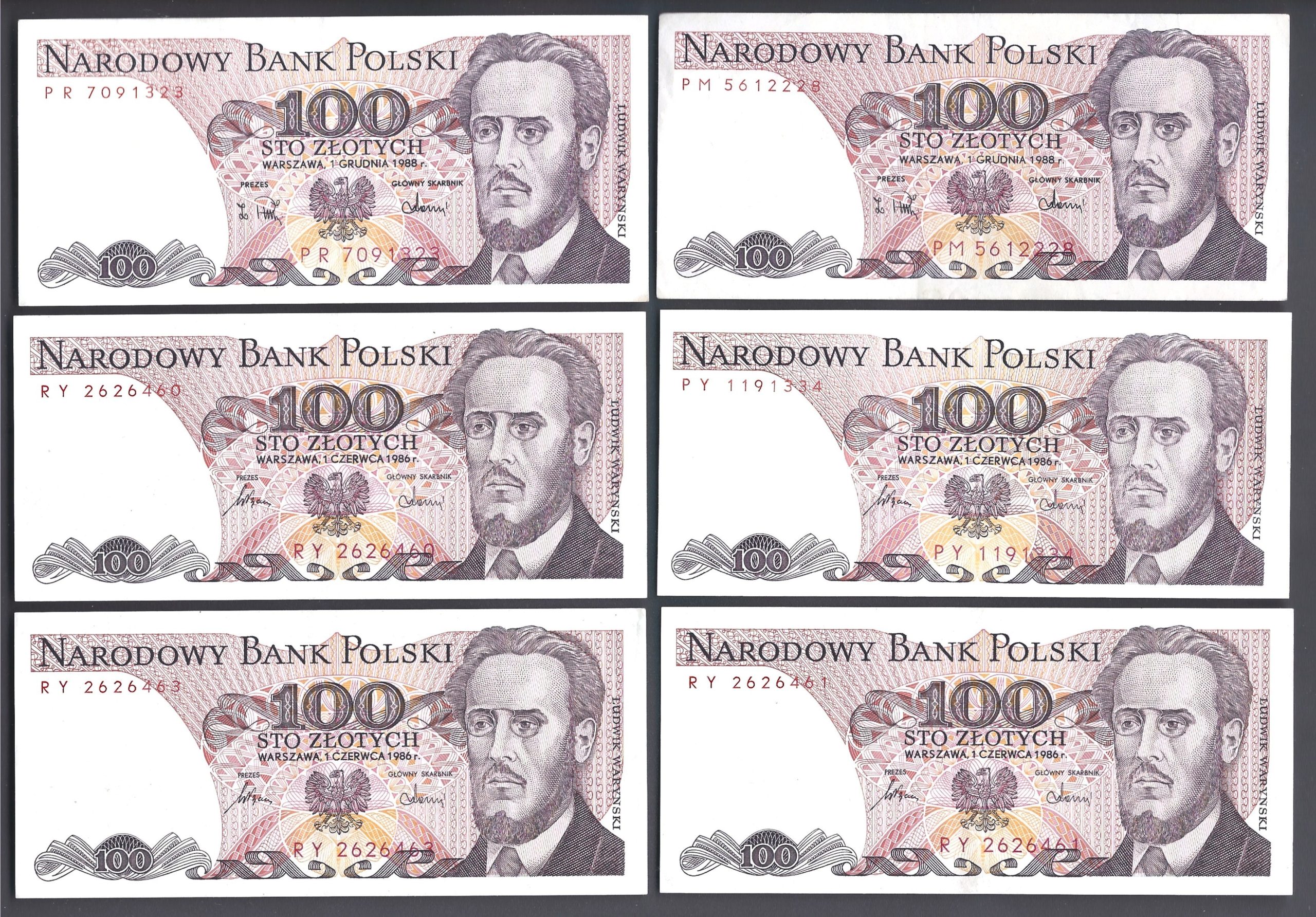 Zestaw banknotów polskich, 6 sztuk – 100 zł (sto złotych) / Ludwik Waryński