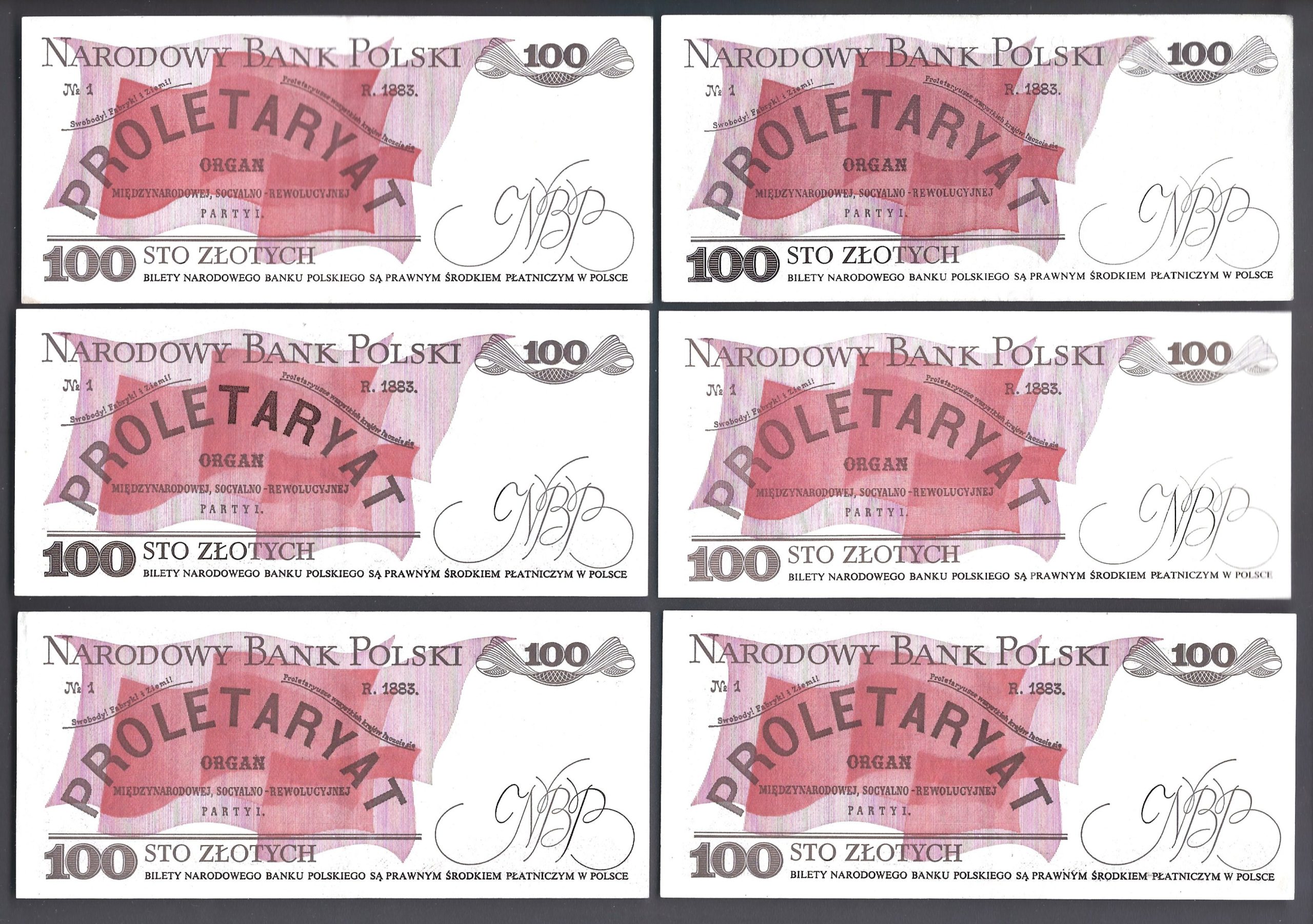 Zestaw banknotów polskich, 6 sztuk – 100 zł (sto złotych) / Ludwik Waryński