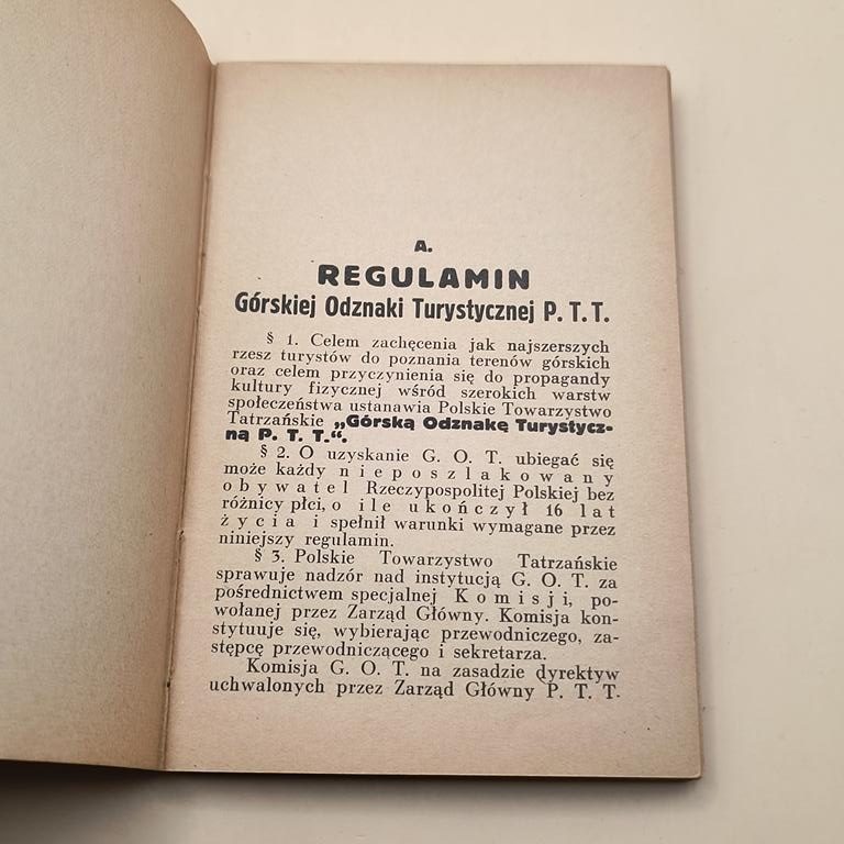 Książeczka "Regulamin Górskiej Odznaki Turystycznej P. T. T.", 1936 r.