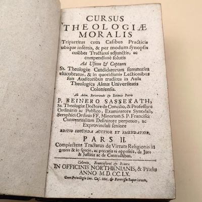 Starodruk "CURSUS THEOLOGIAE MORALIS" - P. REINERO SASSERATH, 1760 r. - Kurs teologii moralnej