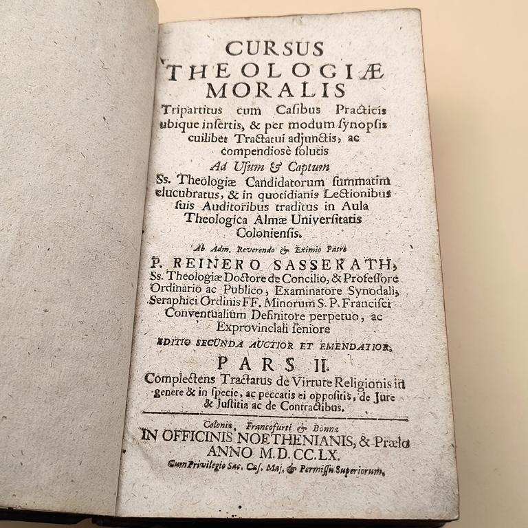 Starodruk "CURSUS THEOLOGIAE MORALIS" - P. REINERO SASSERATH, 1760 r. - Kurs teologii moralnej