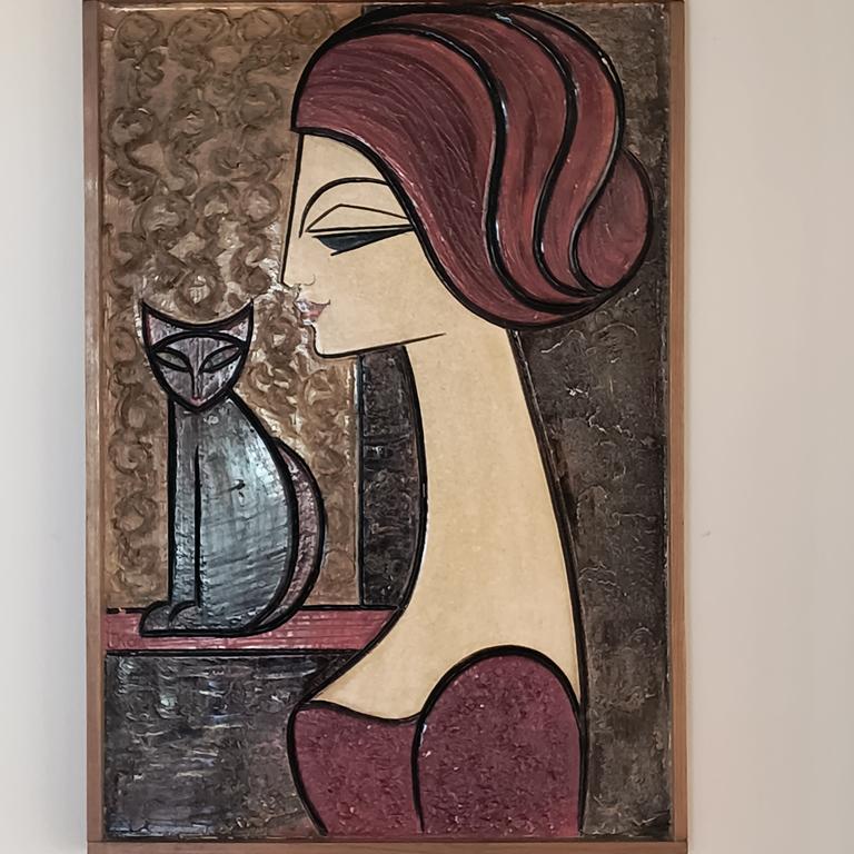 Płaskorzeźba ceramiczna, kobieta i kot - Irena Kasperkiewicz, lata 70-te