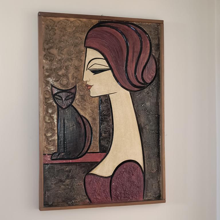 Płaskorzeźba ceramiczna, kobieta i kot - Irena Kasperkiewicz, lata 70-te