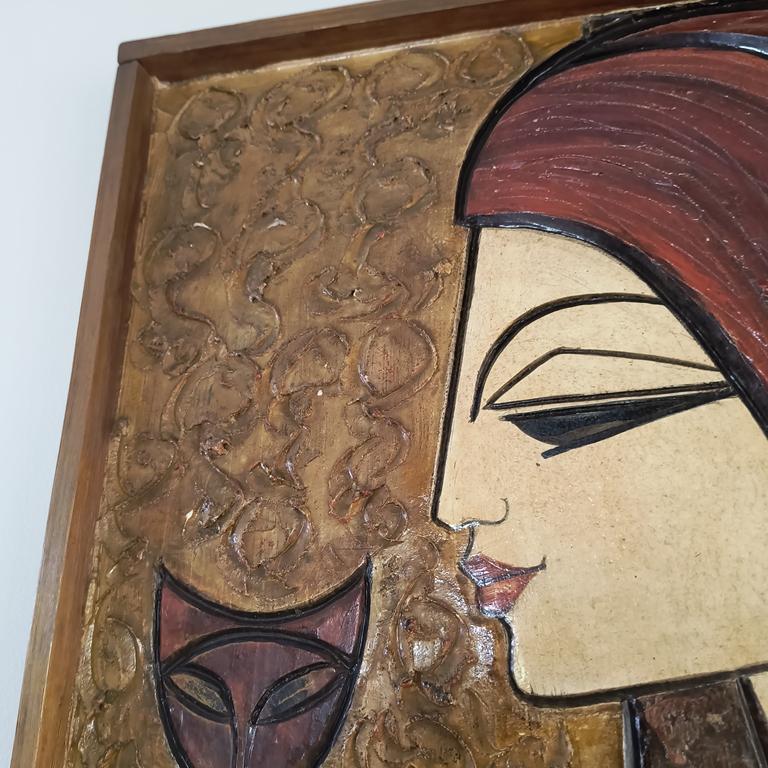 Płaskorzeźba ceramiczna, kobieta i kot - Irena Kasperkiewicz, lata 70-te