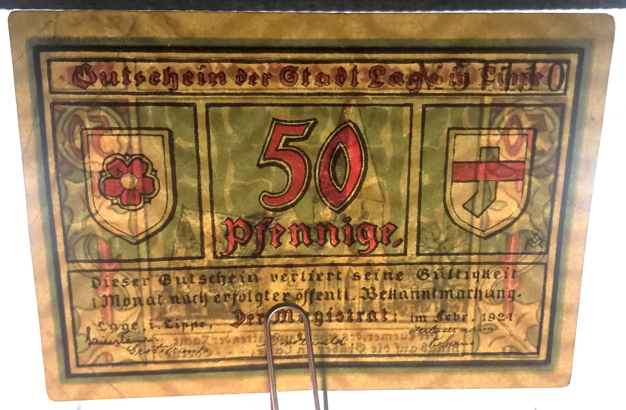 Banknot - 50 Pfennige, Gutschein der Stadt Lage in Lippe - 50 fenigów, Miasto Lage w powiecie Lippe , 1921 r.