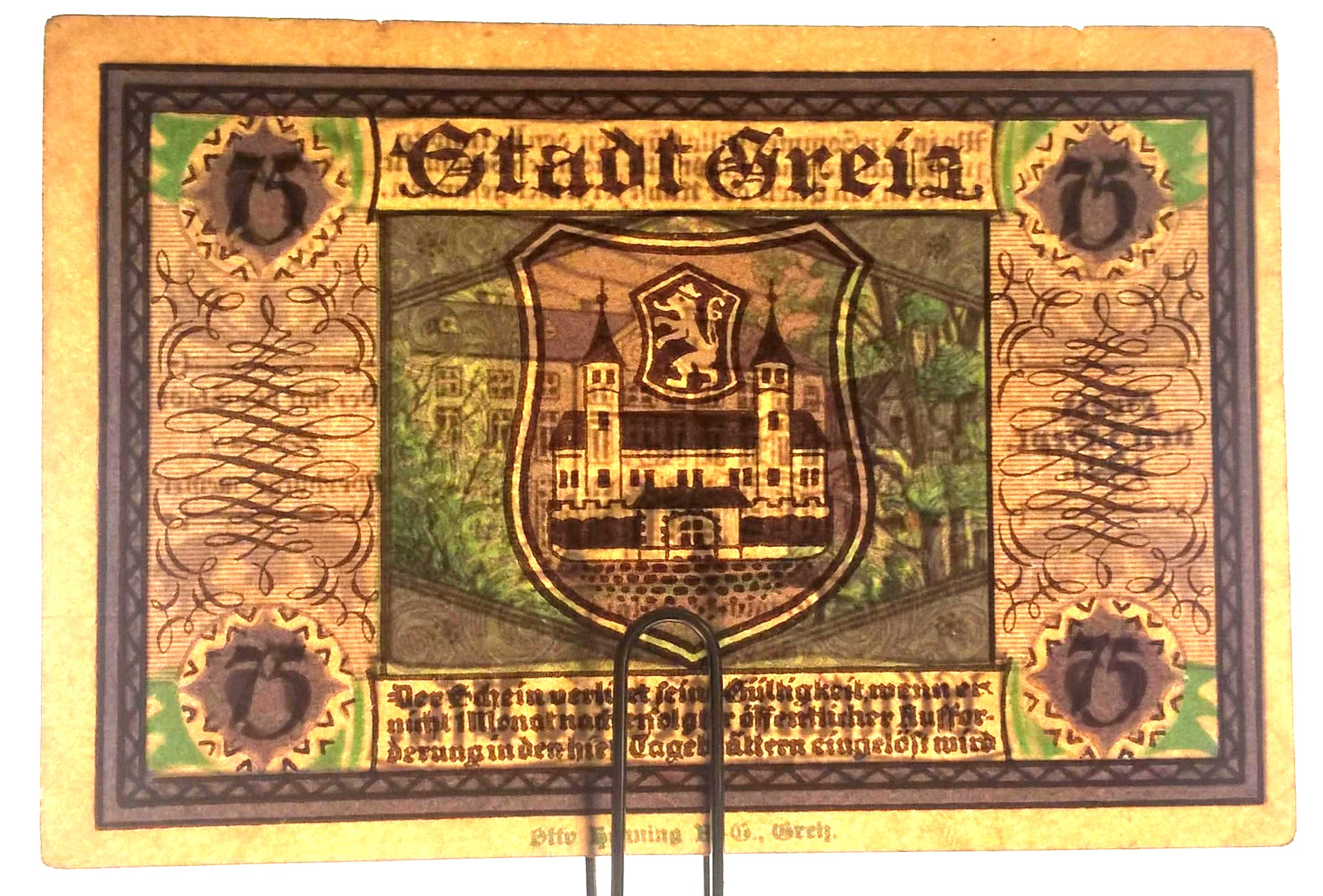 Banknot - 75 Pfennige, Stadt Greiz - 75 fenigów, Miasto Greiz, 1921 r.