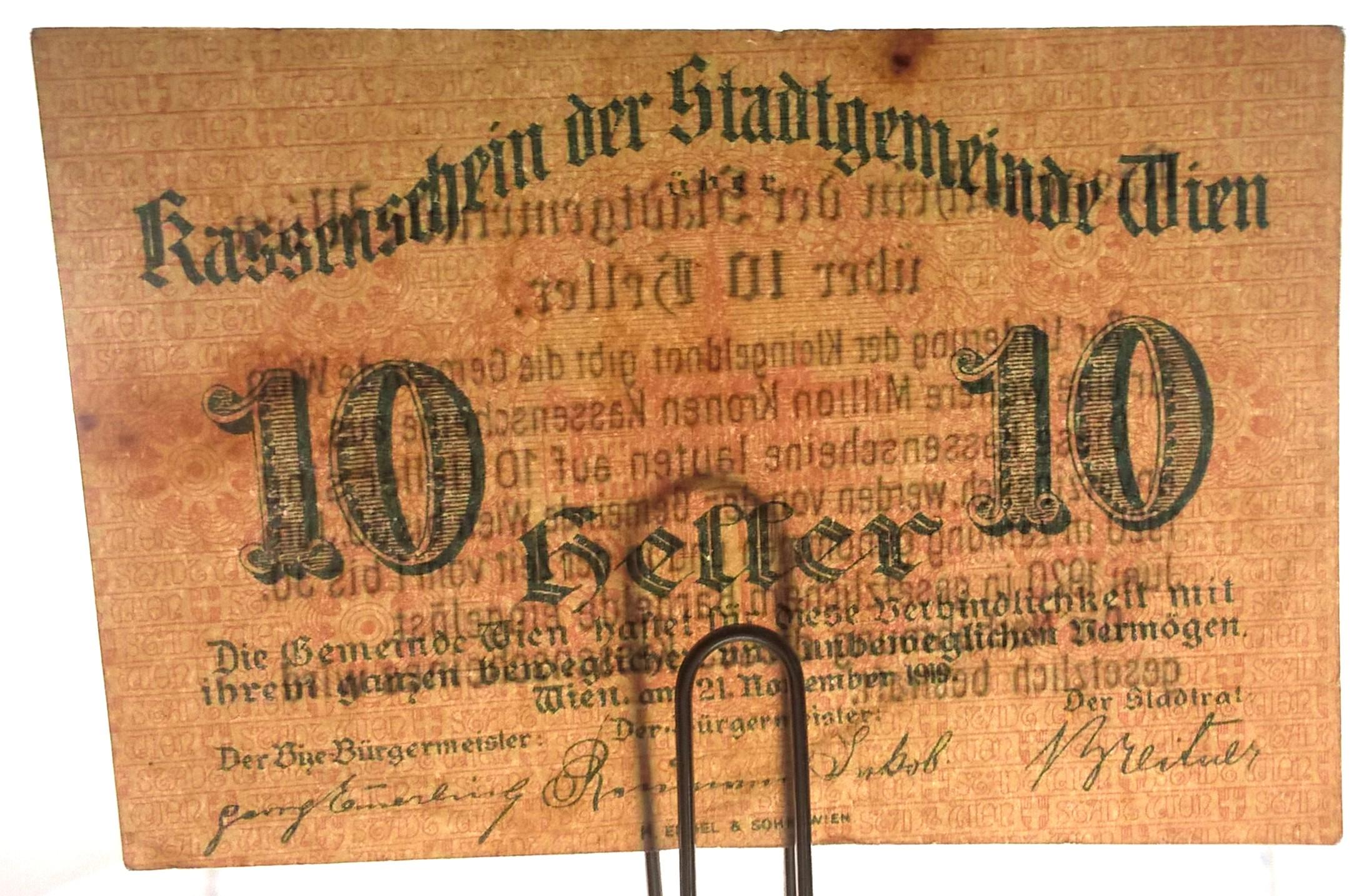 Banknot – 10 heller, Stadtgemeinde Wien - 10 halerzy, miasto Wiedeń, 1919 r.