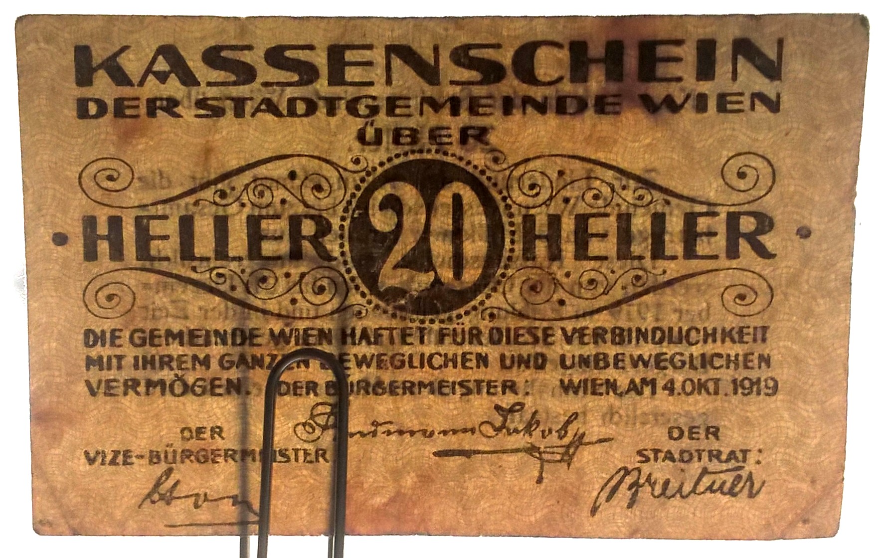 Banknot - 20 HELLER, DER STADTGEMEINE WIEN - 20 halerzy, Gmina Miejska Wiedeń, 1919 r.