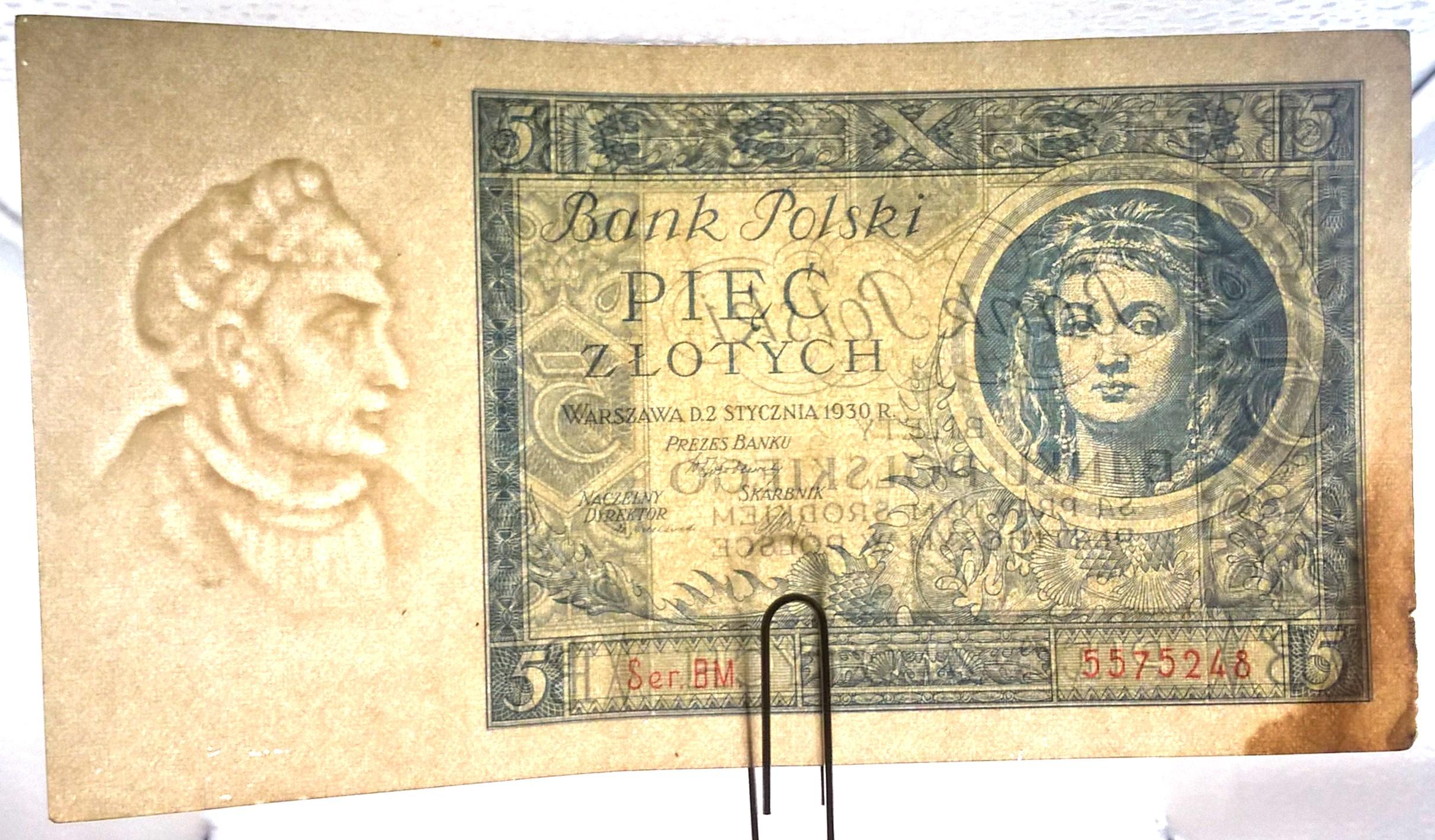 Banknot – 5 (pięć) ZŁOTYCH, 1930 r. – Bank Polski