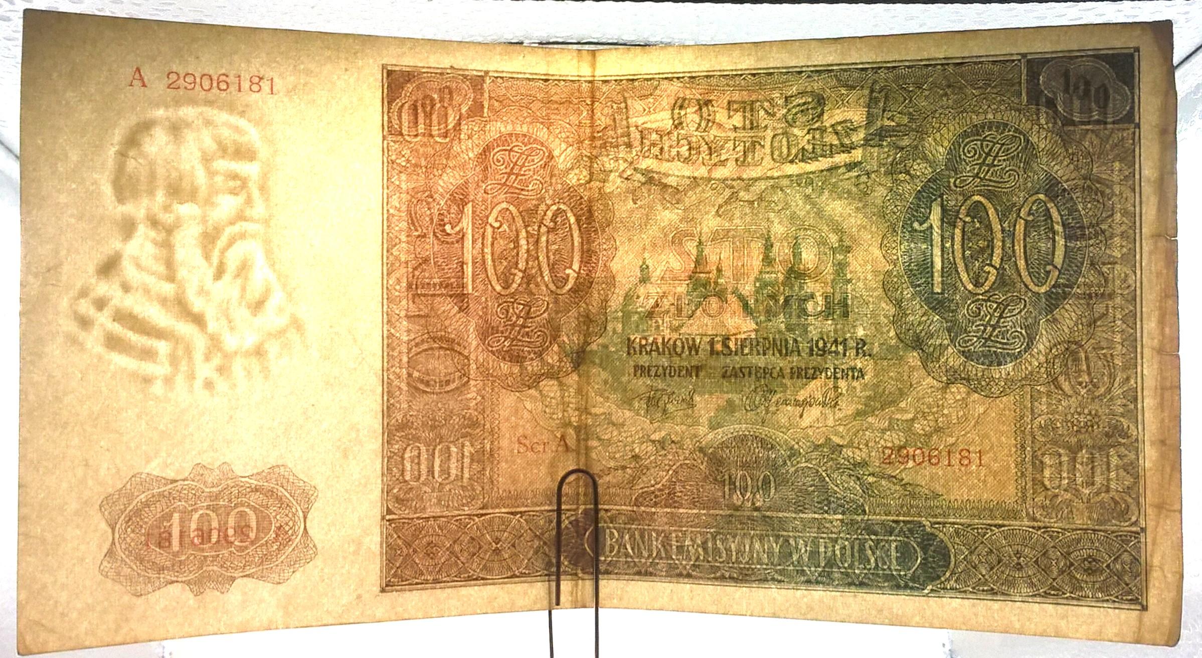 Banknot – 100 (STO) ZŁOTYCH, 1941 r. – Bank Emisyjny w Polsce