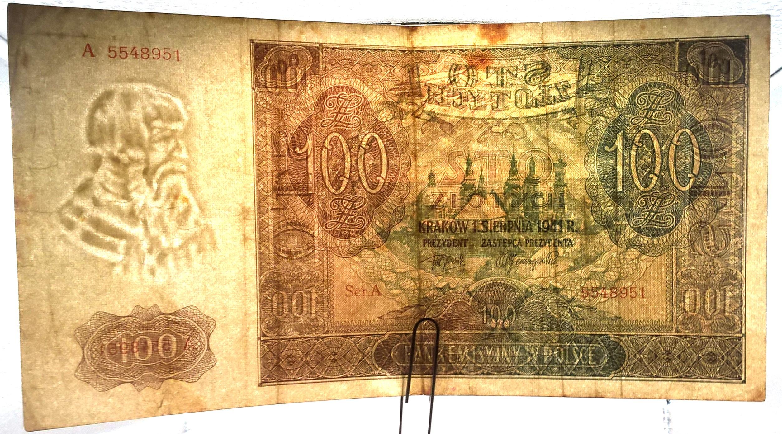 Banknot –  100 ZŁ (sto złotych), 1941 r. – Bank Emisyjny w Polsce
