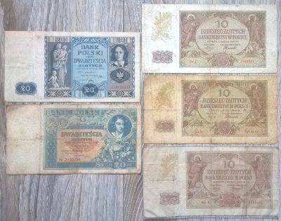 Zestaw starych banknotów polskich - 10 i 20 zł - 5 sztuk