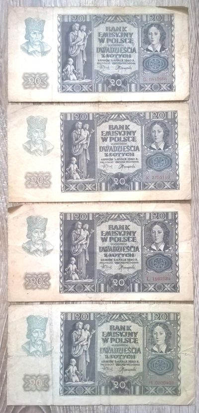 Zestaw banknotów, 4 sztuki - 20 złotych, 1940 r.