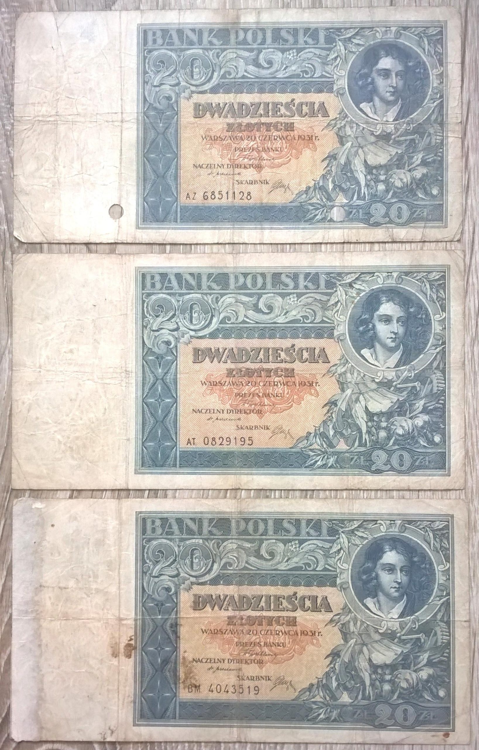 Zestaw banknotów (3 sztuki) - 20 złotych, 1931 r.