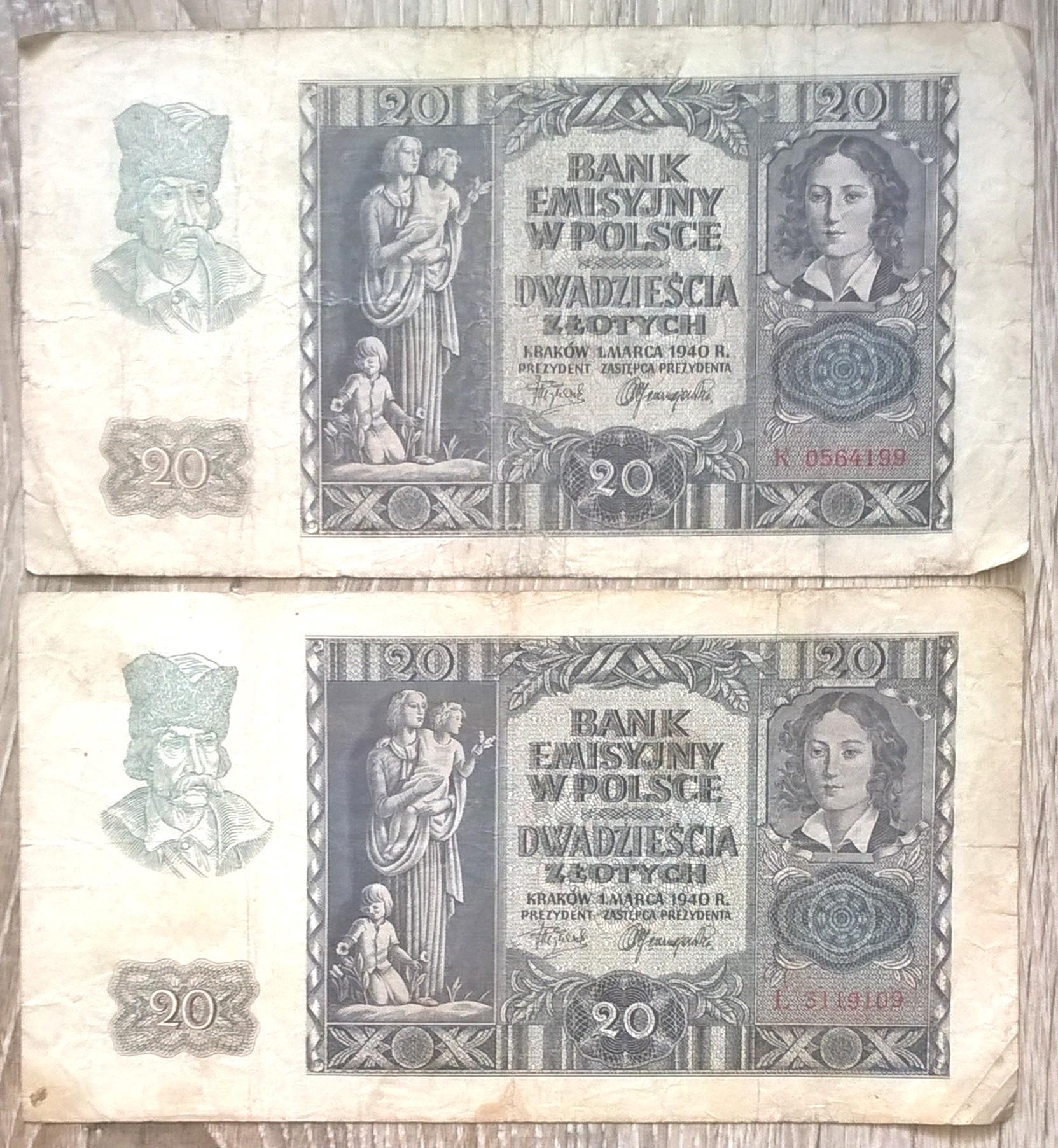 Zestaw banknotów (2 szt.) - 20 złotych, 1940 r.