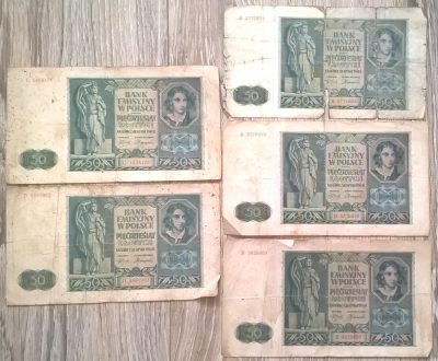 Zestaw banknotów (5 szt.) - 50 złotych, 1941 r.