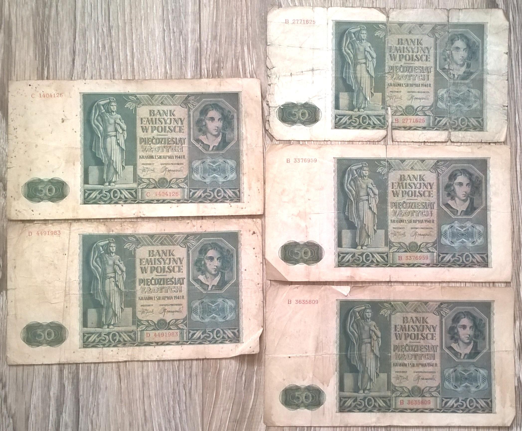 Zestaw banknotów (5 szt.) - 50 złotych, 1941 r.