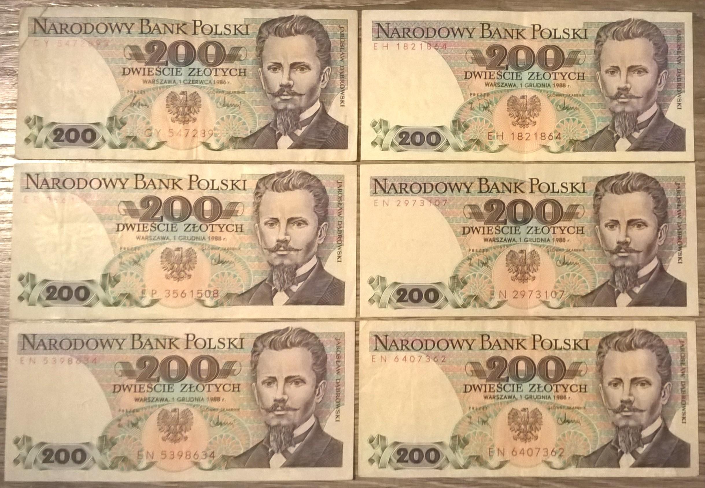 Zestaw banknotów (6 szt.) – 200 złotych / Jarosław Dąbrowski – 1986 r.