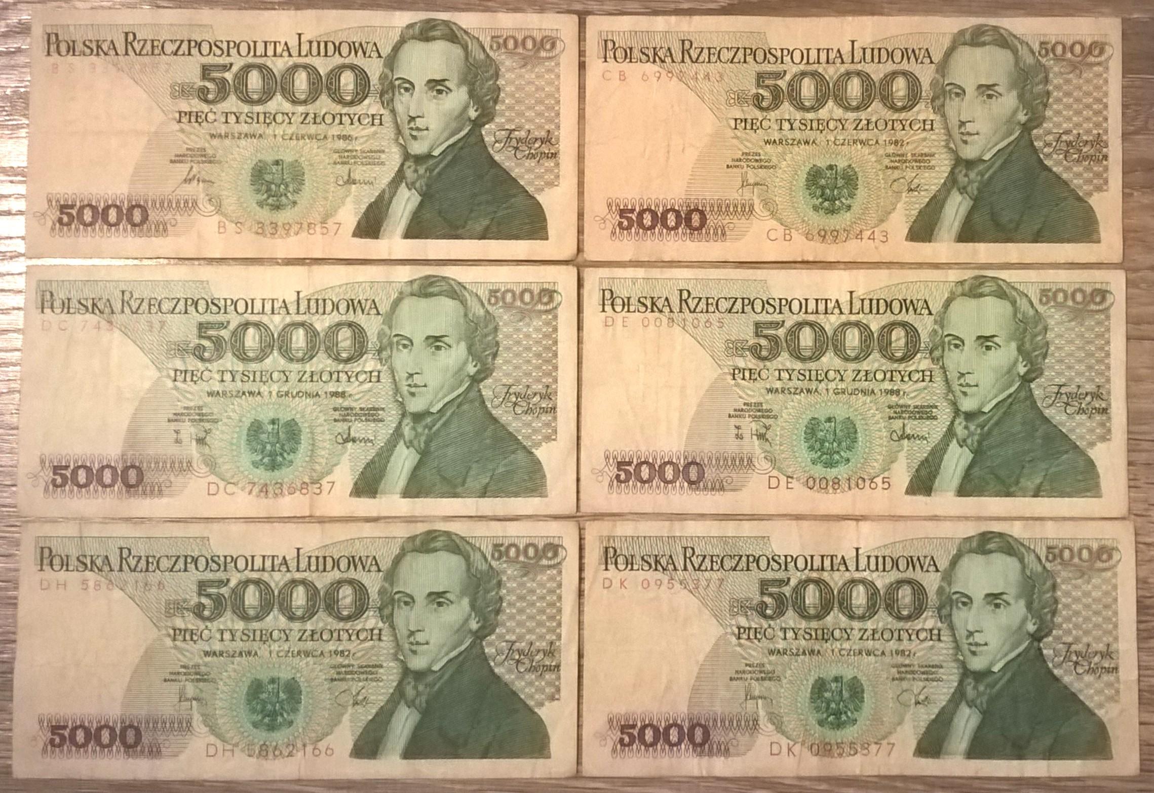 Zestaw banknotów PRL, 6 sztuk – 5 000 (pięć tysięcy złotych) / Fryderyk Chopin