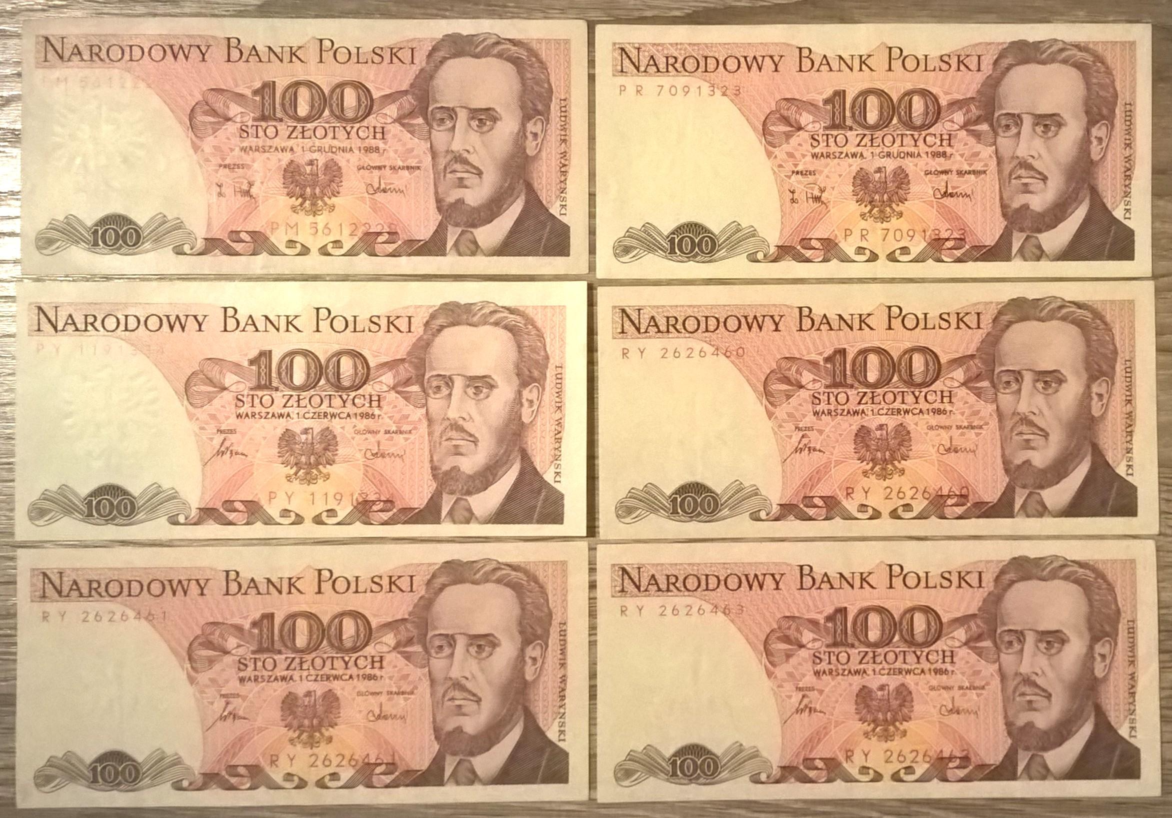 Zestaw banknotów polskich, 6 sztuk – 100 zł (sto złotych) / Ludwik Waryński